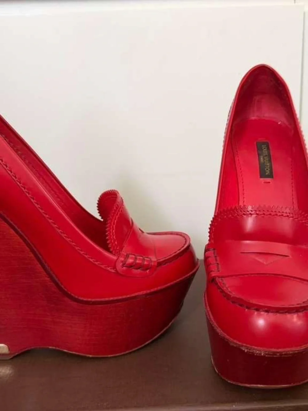 Louis Vuitton Bright Red Leather Wedge Loafer Platform Pumps